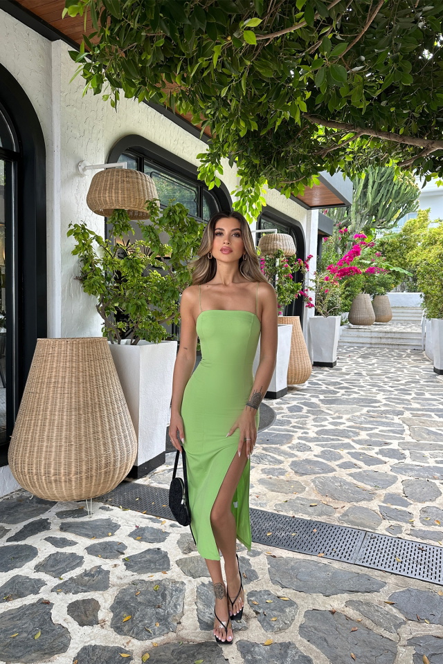 Green Thin Strapped Deep Slit Detail Dress ATE7005 - 4