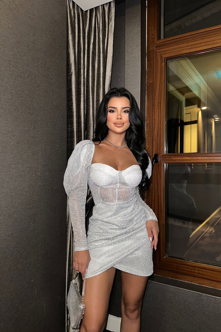 Gri Balon Kol Simli Elbise ATE8205 - EYYO