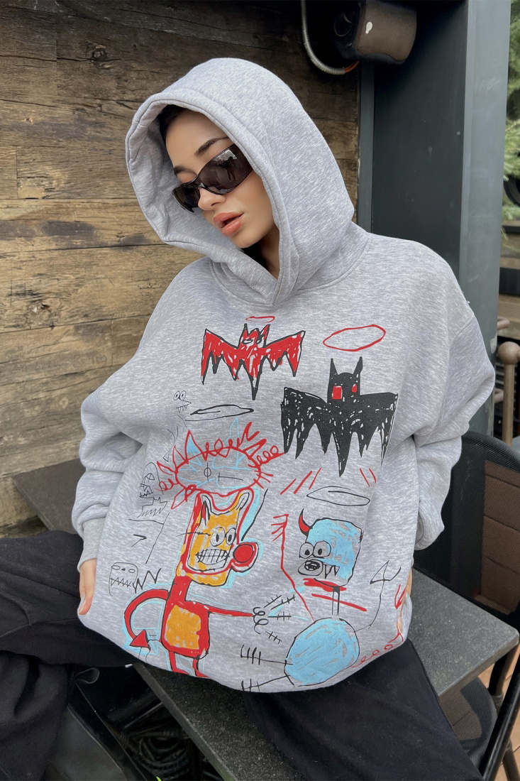 Gri Baskılı Oversize Kapşonlu Sweat ATE3072 - EYYO