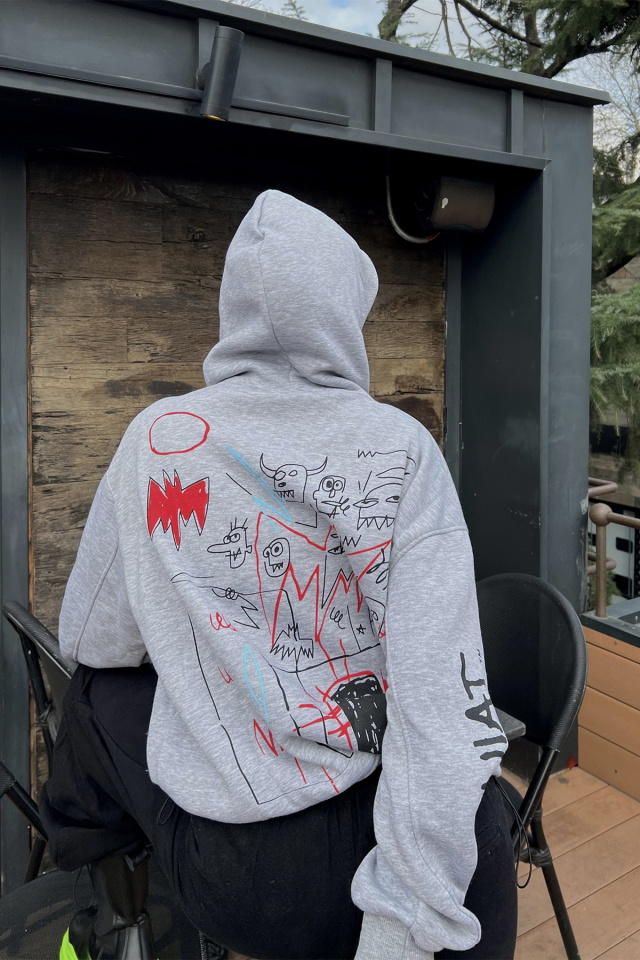 Gri Baskılı Oversize Kapşonlu Sweat ATE3072 - 2