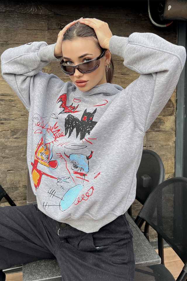Gri Baskılı Oversize Kapşonlu Sweat ATE3072 - 3