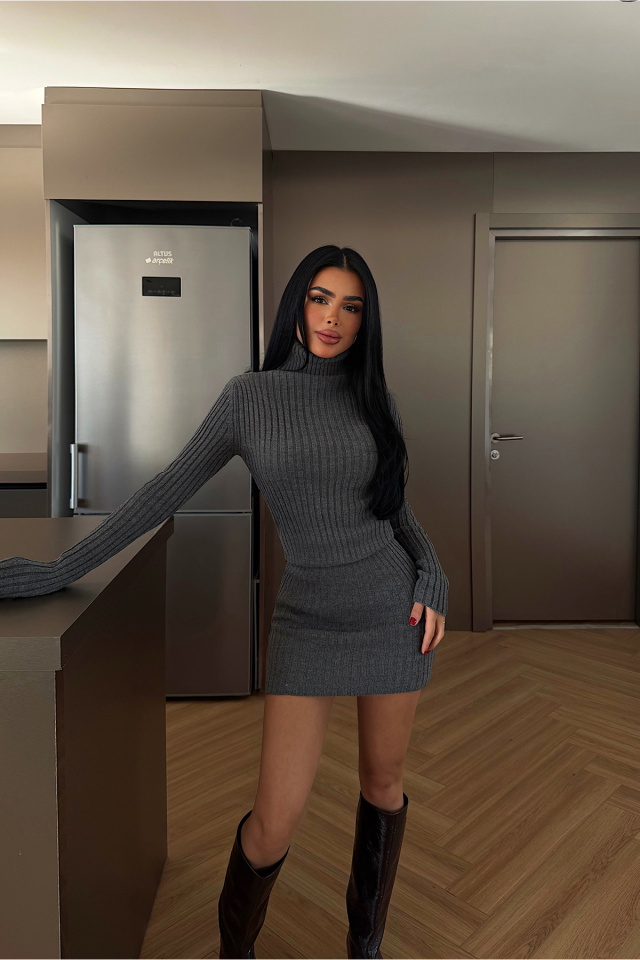 Gri Zurih Triko elbise ATE-4412 - 2