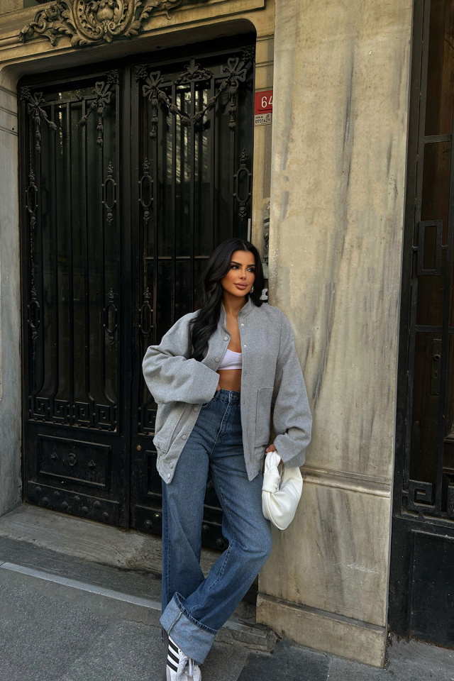 Gri Cep Detay Kaşe Mont ATE-0728 - 4