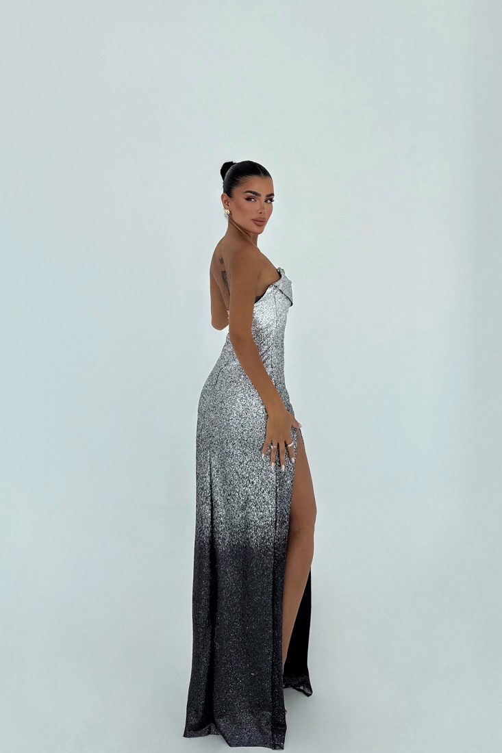 Gri Toulon Uzun Yırtmaçlı Elbise ATE-3077 - EYYO