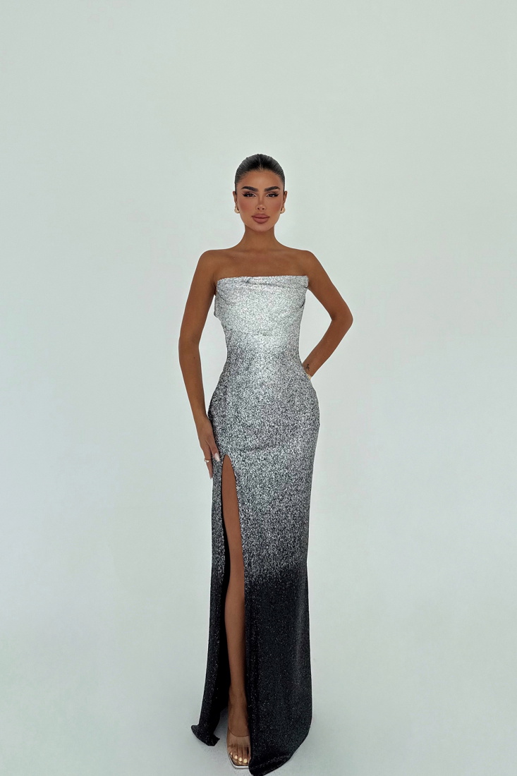 Gri Toulon Uzun Yırtmaçlı Elbise ATE-3077 - EYYO