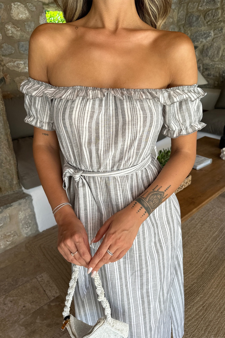 Gri Çizgili Bağlamalı Uzun Elbise ATE7233 - EYYO