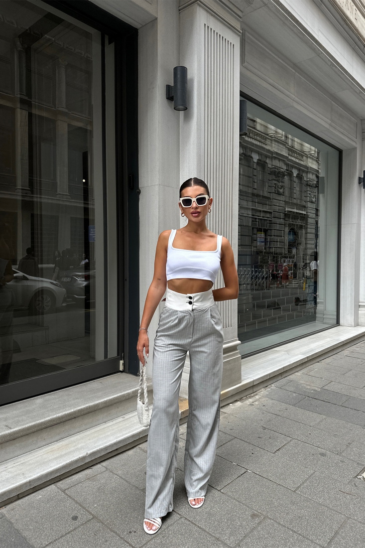 Gri Çizgili Yüksek Bel Pantolon ATE7104 - EYYO