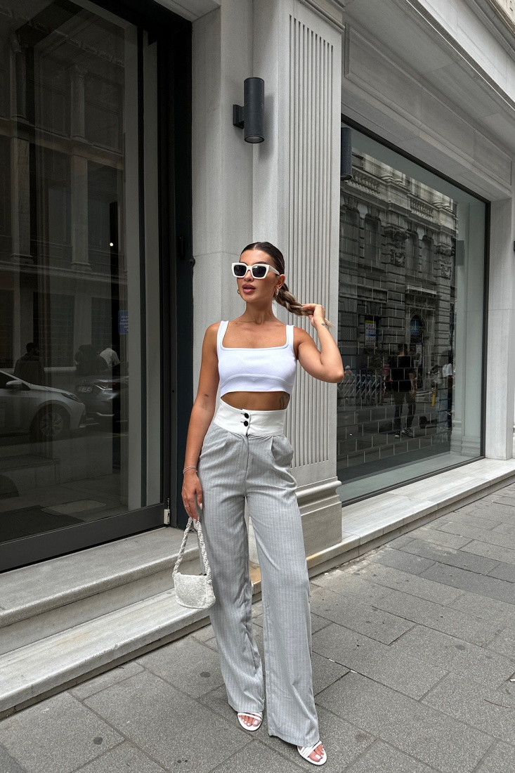 Gri Çizgili Yüksek Bel Pantolon ATE7104 - EYYO