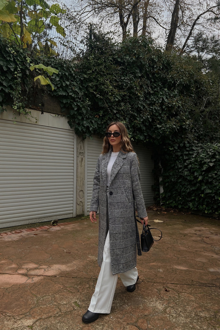 Gri Ekose Kruvaze Yaka Kaban ATE2667 - EYYO