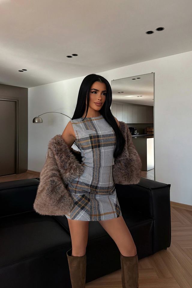 Gri Ekose Kolsuz Elbise ATE-4387 - 1