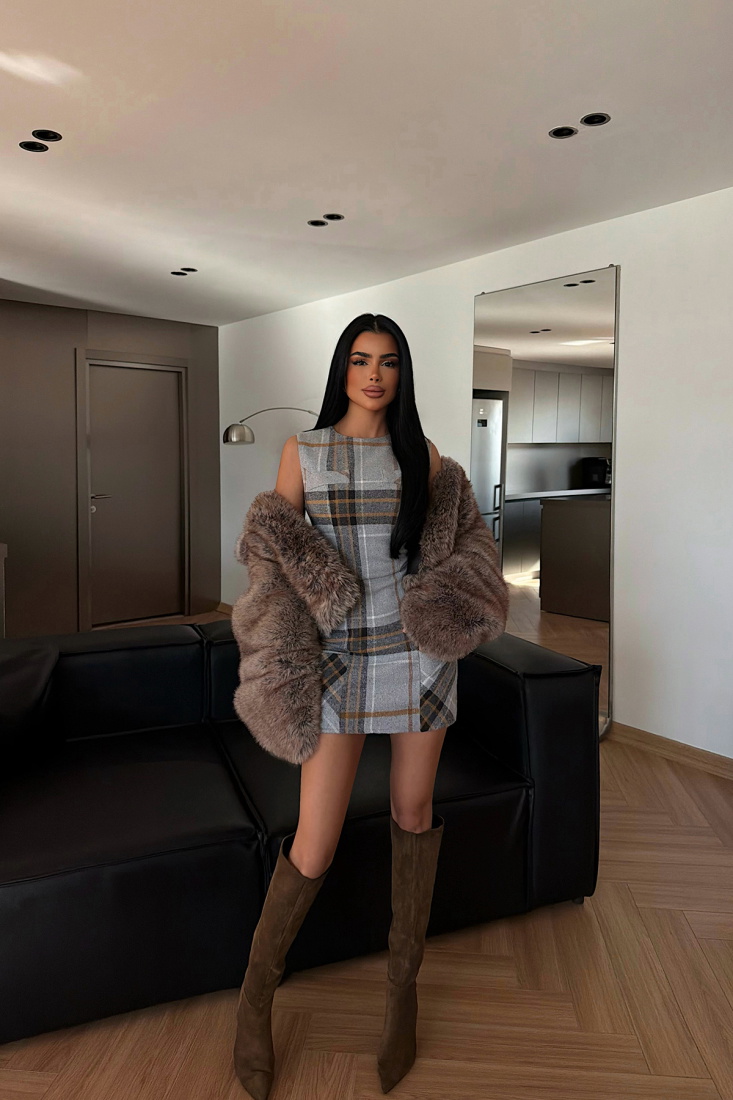 Gri Vera Ekose Elbise ATE-4387 - EYYO