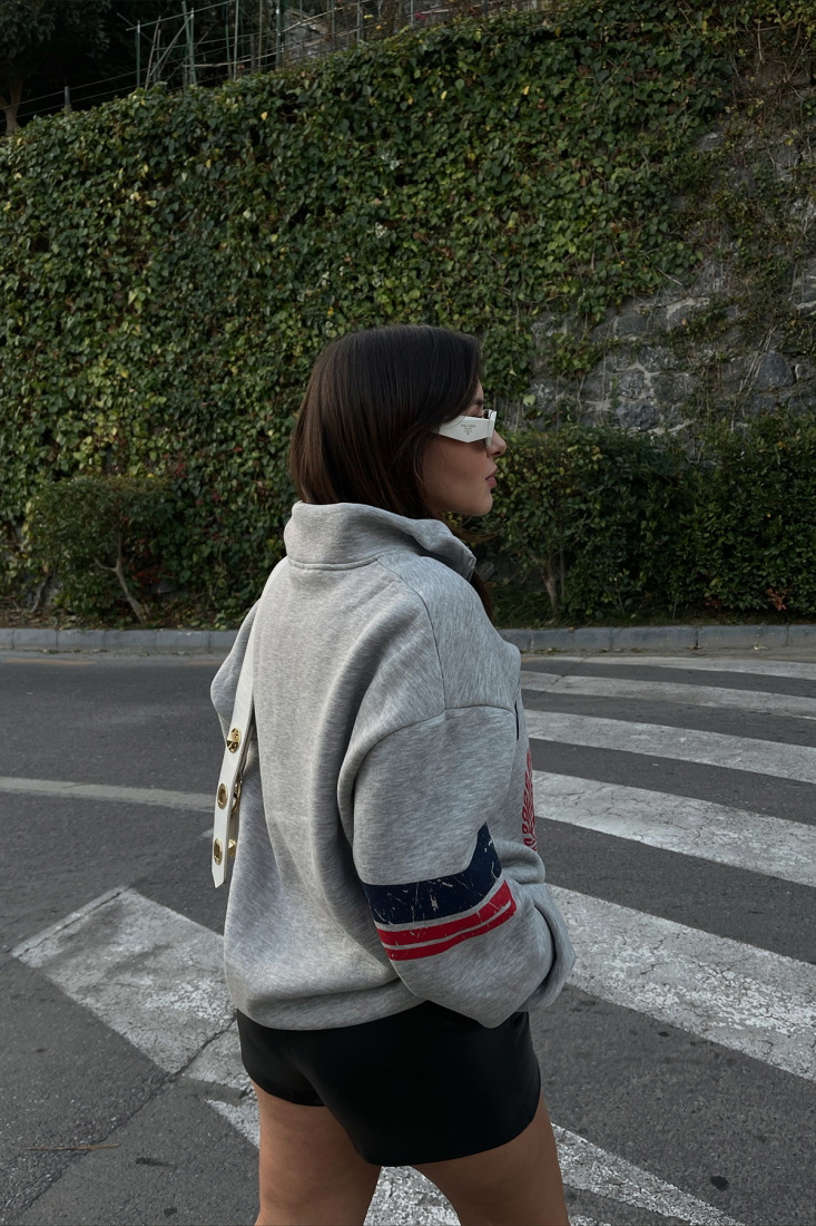 Gri Fermuar Detay Baskılı Sweat ATE2542 - EYYO