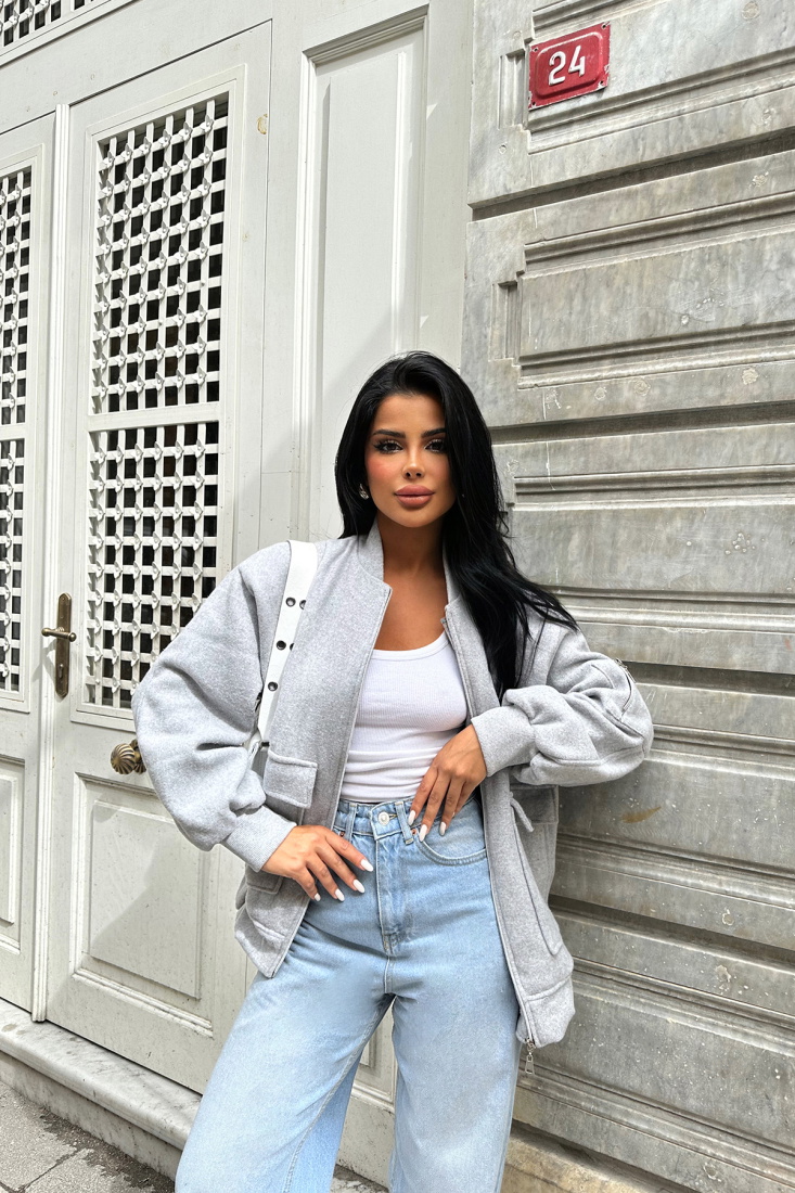 POPPIE Gri Fermuar Detay Cepli Ceket ATE8550 - EYYO