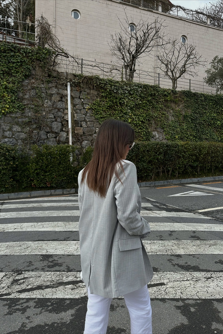 Gri Kruvaze Yaka Çizgili Ceket ATE4803 - EYYO