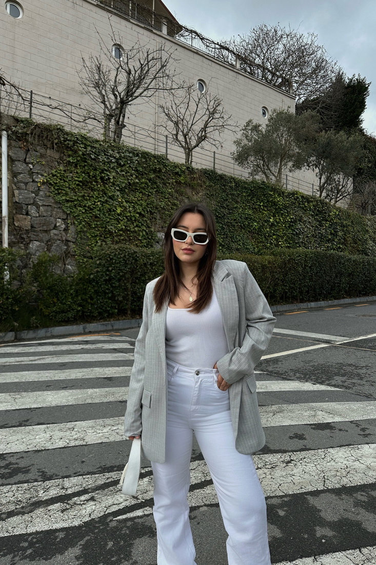 Gri Kruvaze Yaka Çizgili Ceket ATE4803 - EYYO