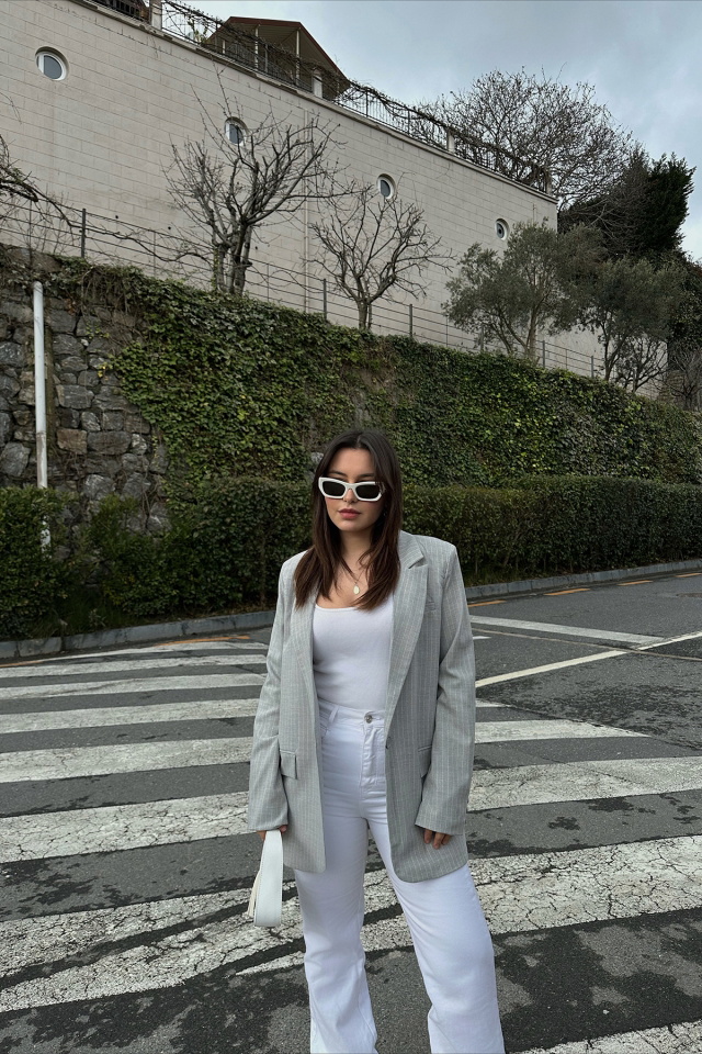 Gri Kruvaze Yaka Çizgili Ceket ATE4803 