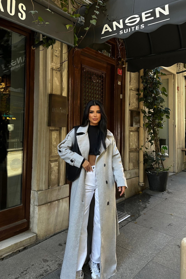 Gri Kuşak Detay Düğmeli Kaban ATE-0747 - EYYO