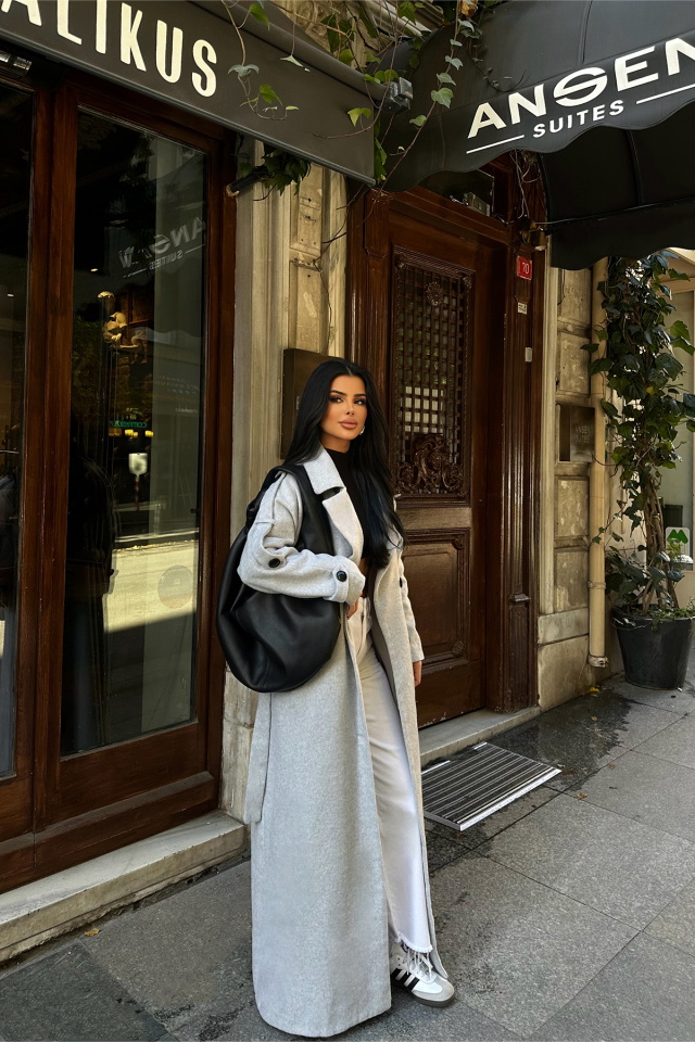 Gri Kuşak Detay Düğmeli Kaban ATE-0747 - 4