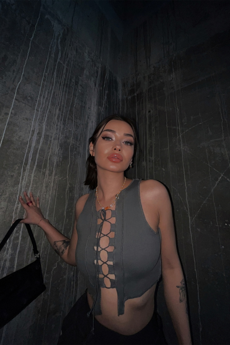 Gri Önden Bağlamalı Crop Top ATE4203 - EYYO