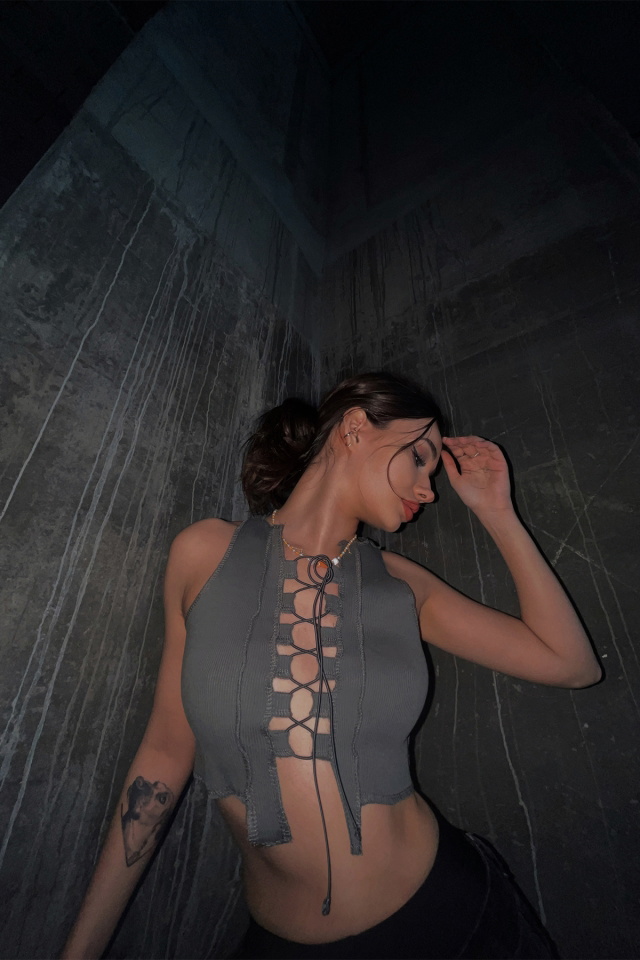 Gri Önden Bağlamalı Crop Top ATE4203 - 4
