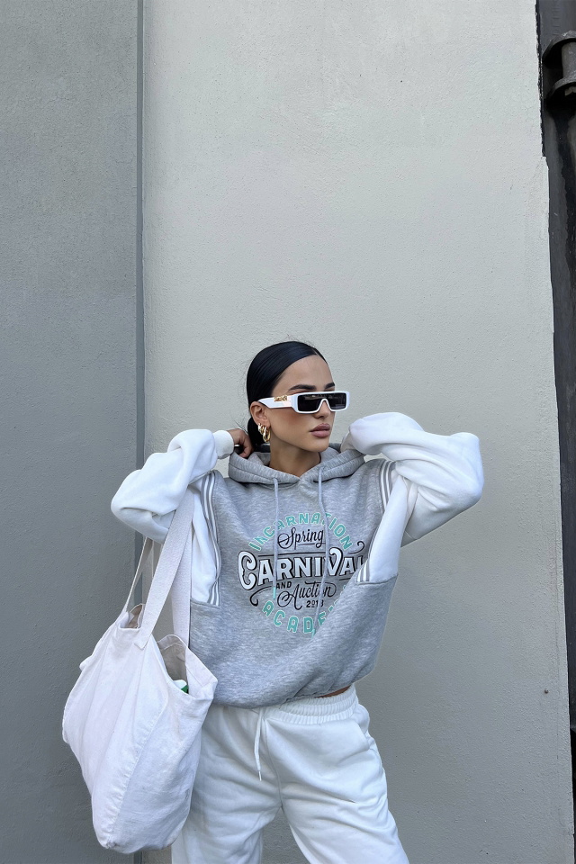 Gri Önü Baskılı Kapşonlu Sweat ATE2261 - 1