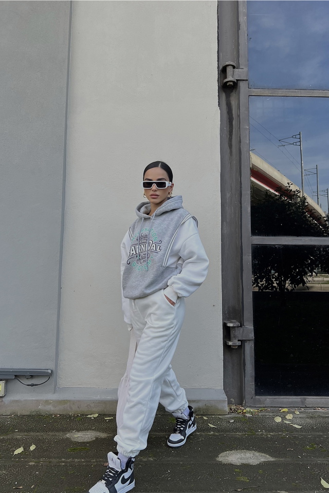 Gri Önü Baskılı Kapşonlu Sweat ATE2261 - 2