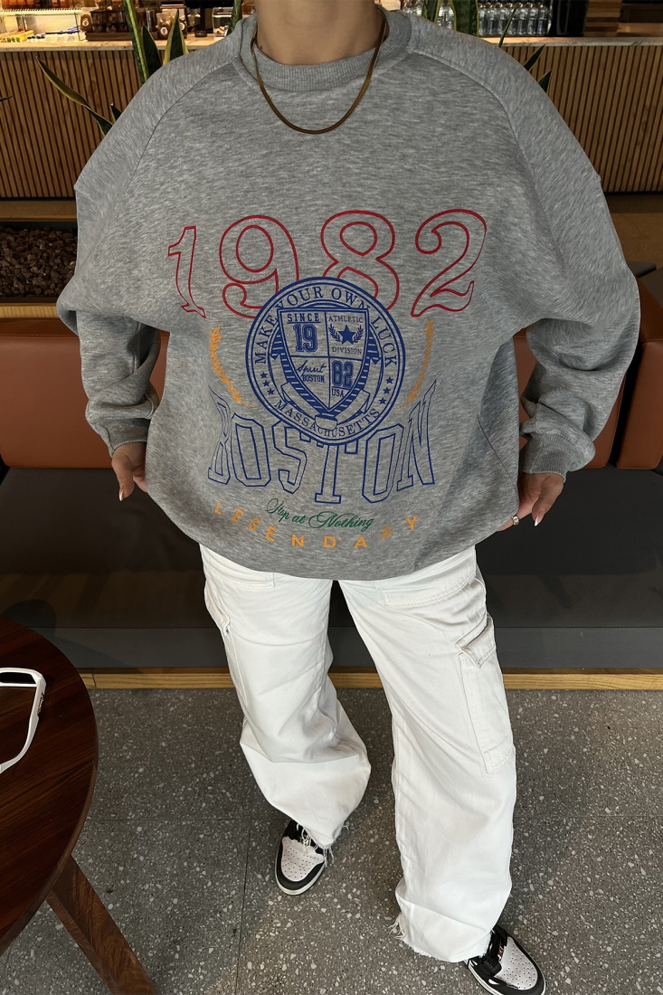 Gri Önü Baskılı Oversize Sweat ATE2558 - EYYO