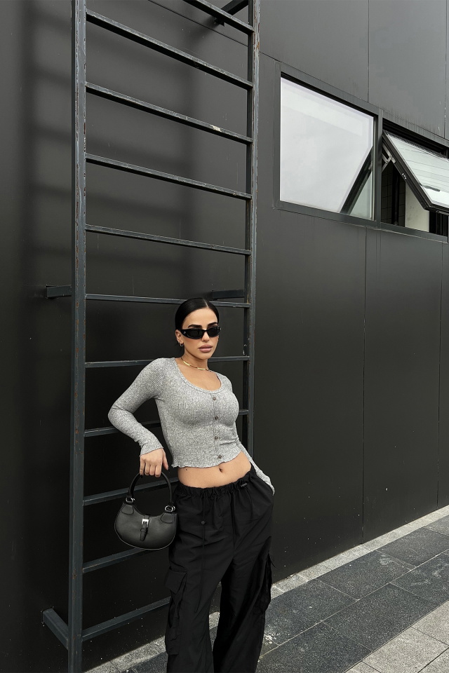 Gri Önü Düğmeli Crop Top ATE4731 - 5
