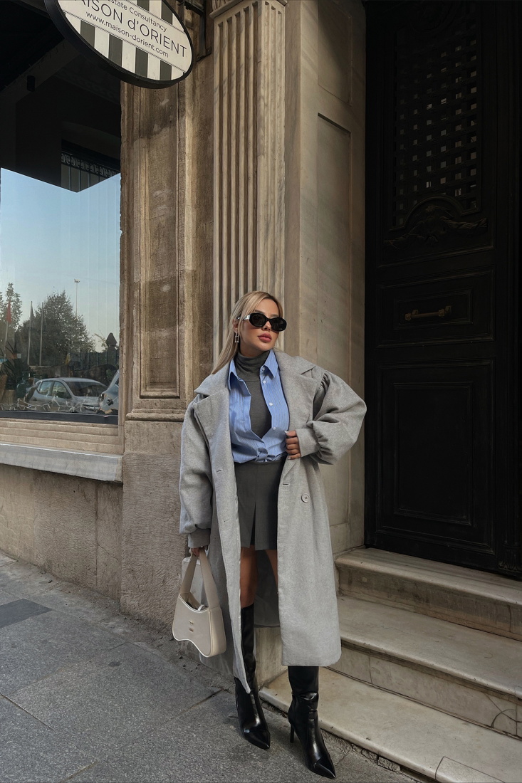 Gri Oversize Kruvaze Yaka Kaban ATE2367 - EYYO