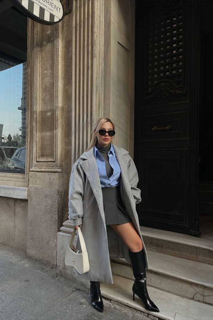 Gri Oversize Kruvaze Yaka Kaban ATE2367 - EYYO