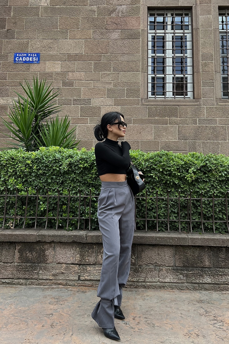 Gri Paçası Bağlamalı Pantolon ATE2060 - Roserya