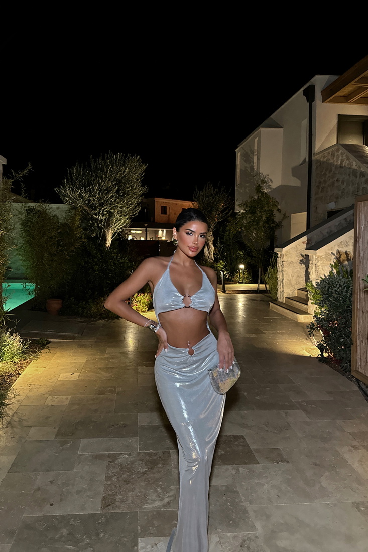 Gri Halina Parlak Elbise ATE-1427 - EYYO