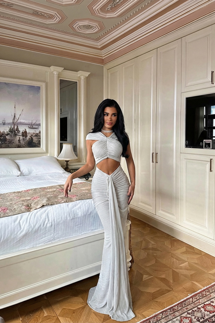 Gri Orleans Uzun Elbise ATE-3053