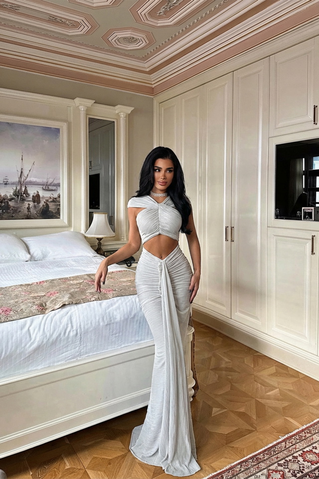 Gri Orleans Uzun Elbise ATE-3053 - 1