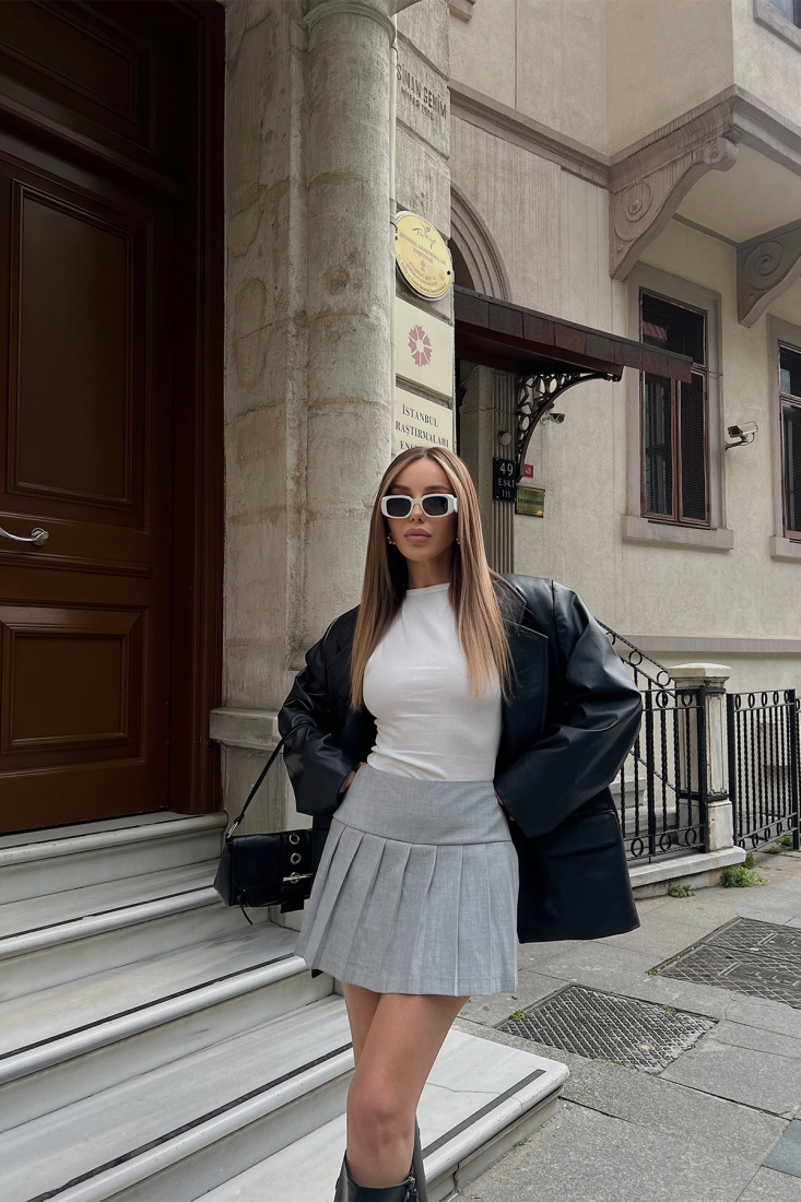 Gri Pileli Etek ATE5259 - EYYO