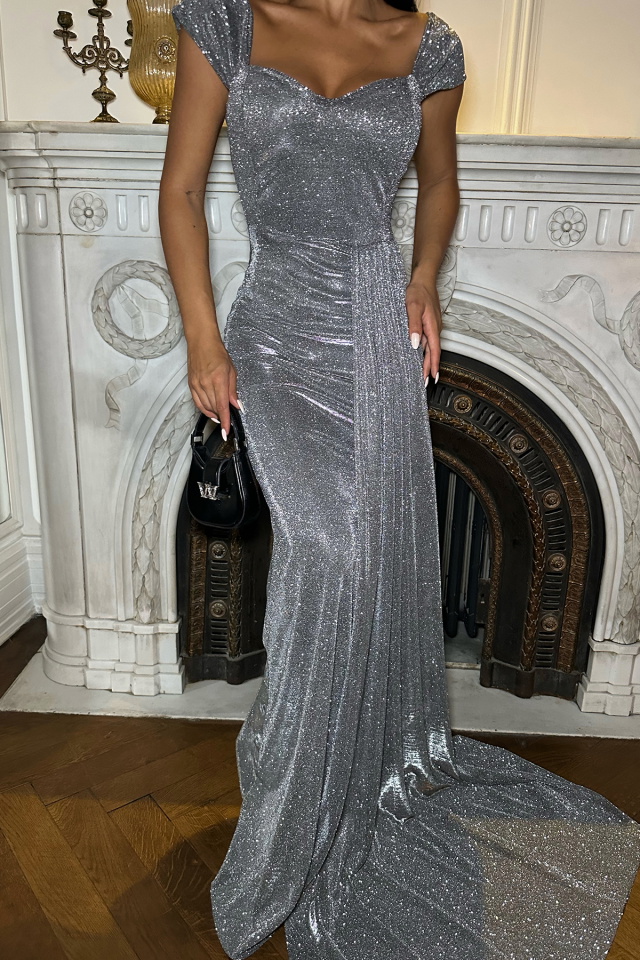 Gri Simli Uzun Abiye Elbise ATE8279 - 2