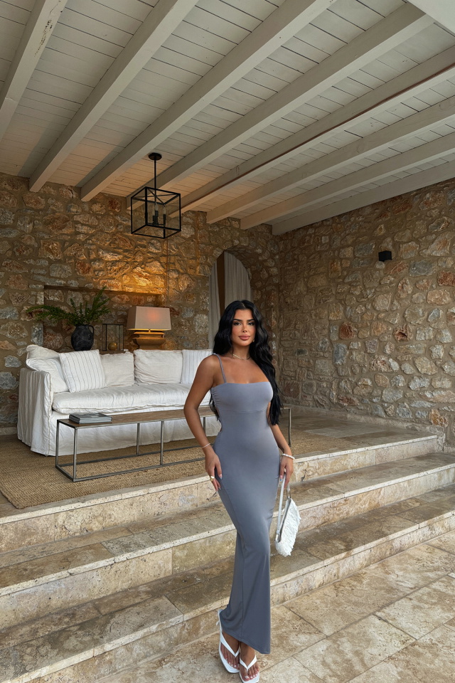 Gri Trudy Askılı Uzun Elbise ATE-1205 