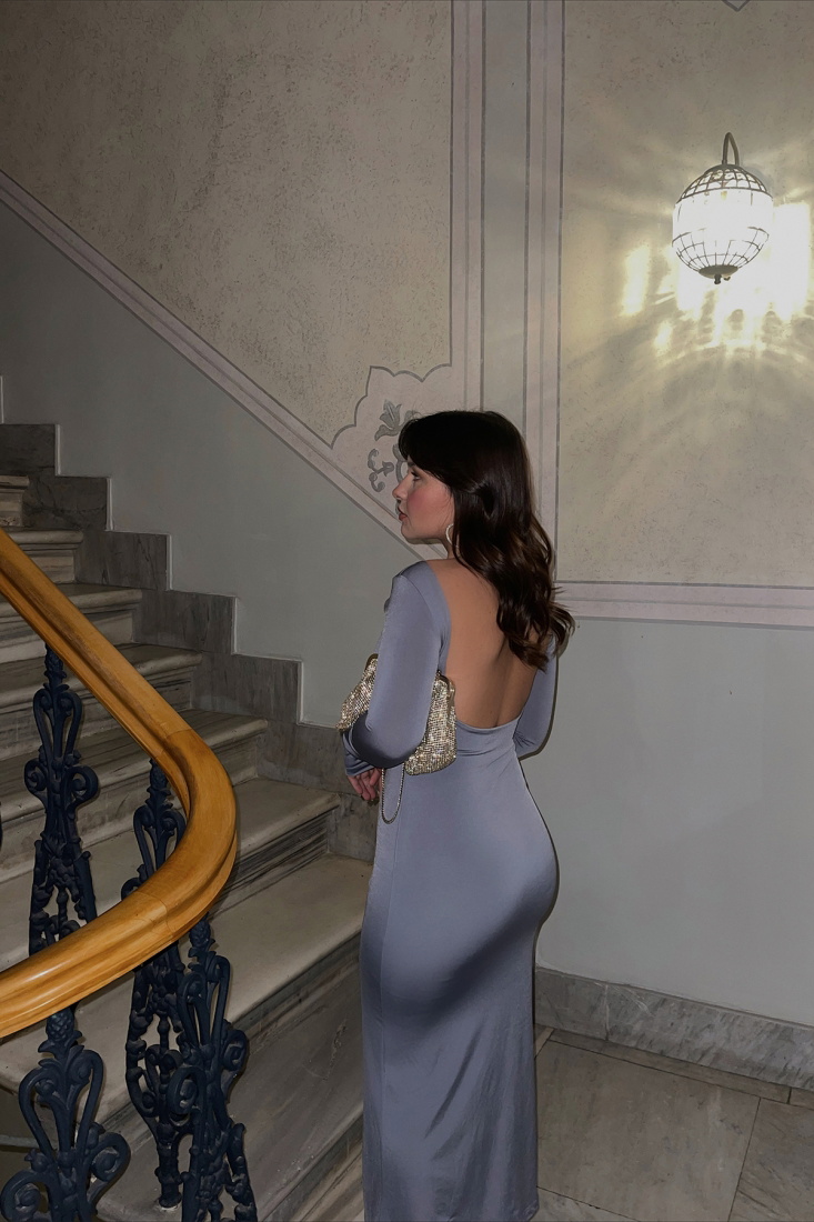 Gri Sırt Detay Elbise ATE3583 - EYYO