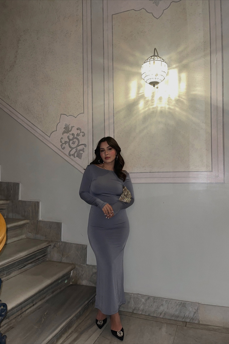 Gri Sırt Detay Elbise ATE3583 - EYYO