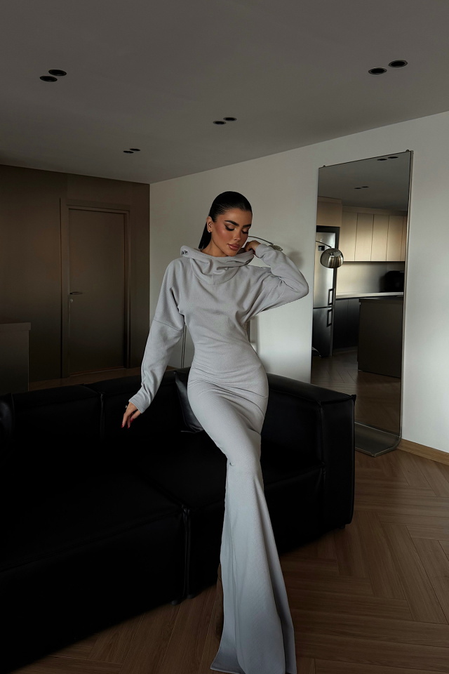 Gri Magma Uzun Kapüşonlu Elbise ATE-4364 