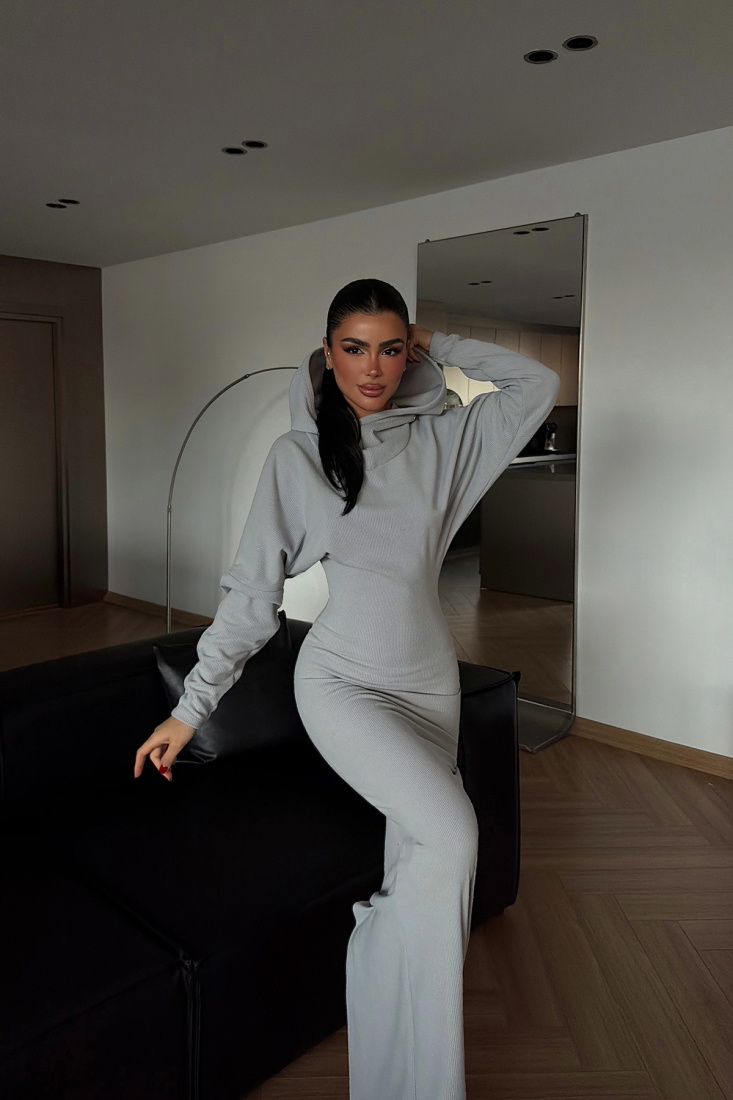 Gri Magma Uzun Kapüşonlu Elbise ATE-4364 - EYYO