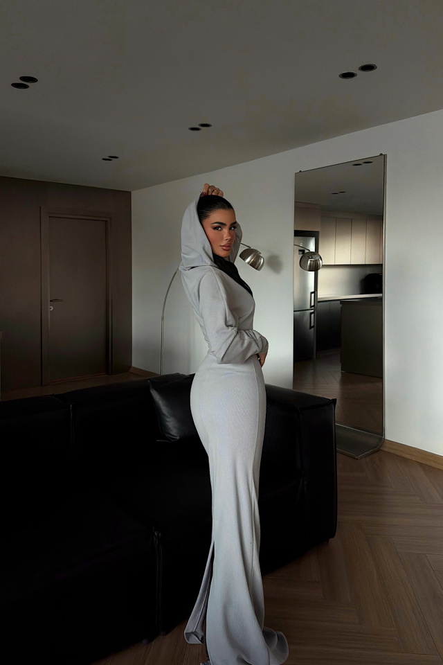 Gri Magma Uzun Kapüşonlu Elbise ATE-4364 - 4