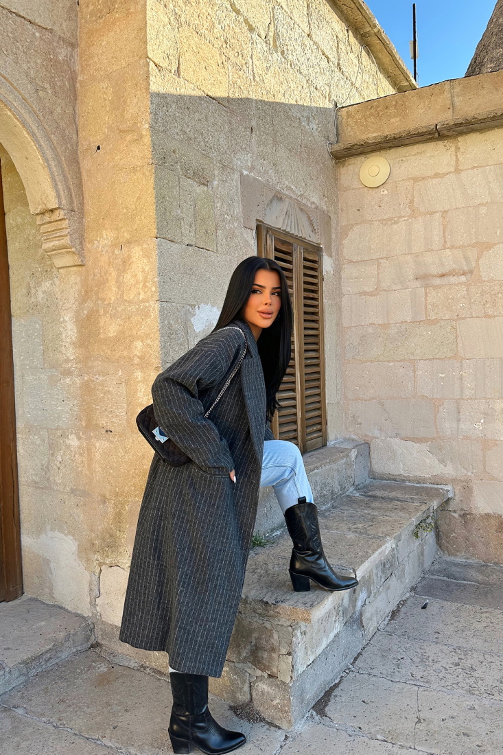 Gri Uzun Kaşe Kaban ATE-0372 - EYYO