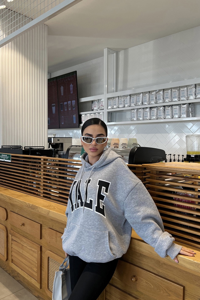 Gri Yale Baskılı Kapşonlu Sweat ATE3399 - 5