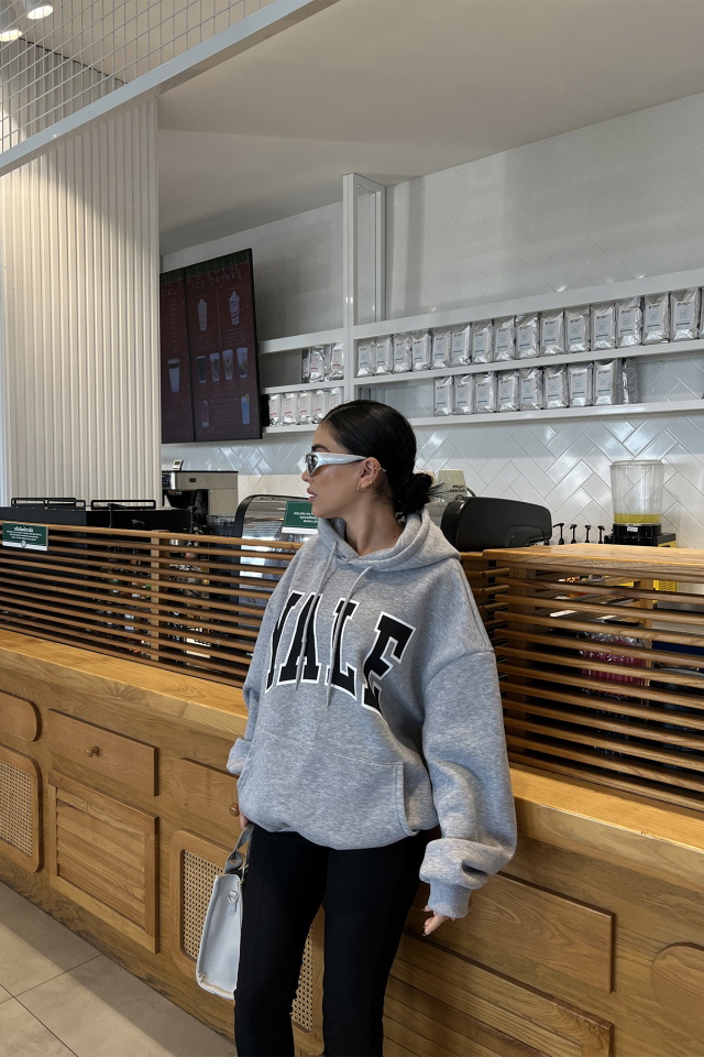 Gri Yale Baskılı Kapşonlu Sweat ATE3399 - 7