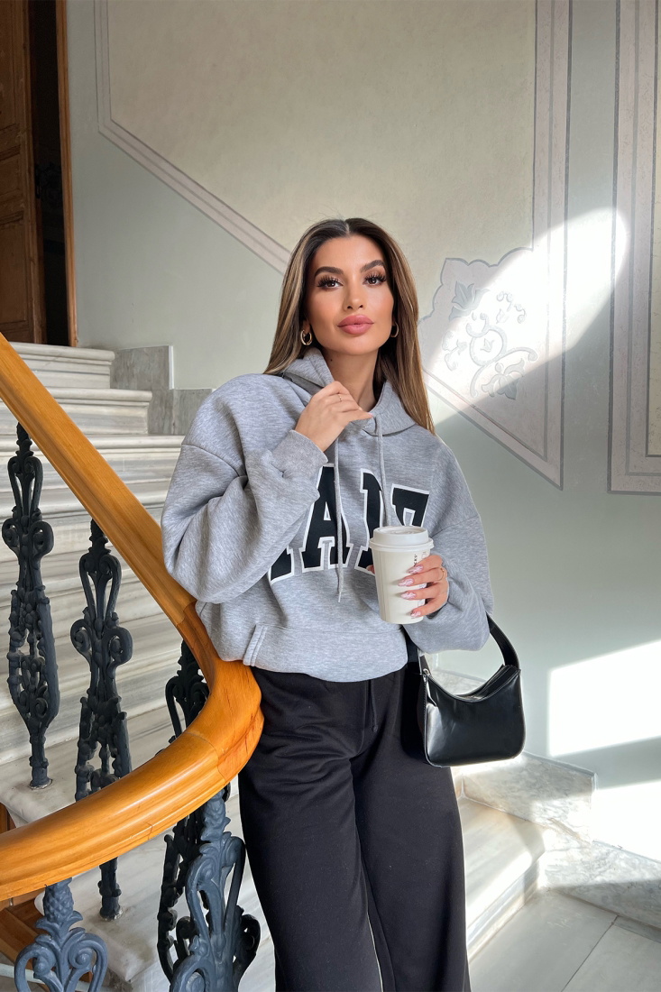 Gri Yale Baskılı Kapşonlu Sweat ATE3399 - EYYO