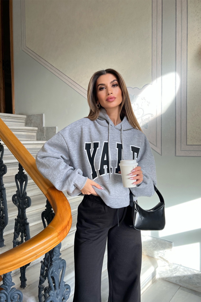 Gri Yale Baskılı Kapşonlu Sweat ATE3399 - 4