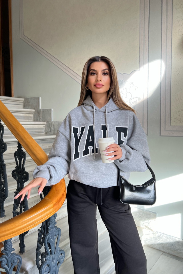 Gri Yale Baskılı Kapşonlu Sweat ATE3399 - 1