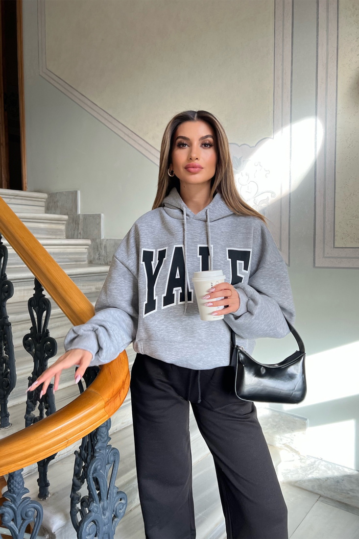 Gri Yale Baskılı Kapşonlu Sweat ATE3399 - EYYO