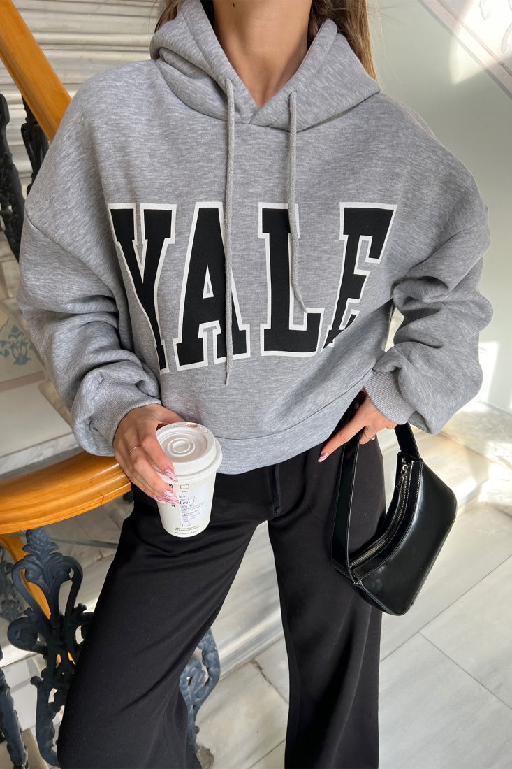 Gri Yale Baskılı Kapşonlu Sweat ATE3399 - EYYO